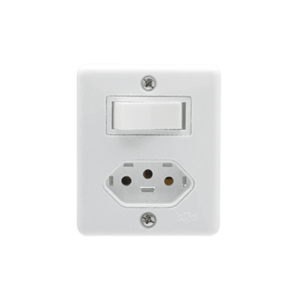 Conjunto interruptor SIMPLES 6A com Tomada 2P+T 10A 250V - Linha BOX